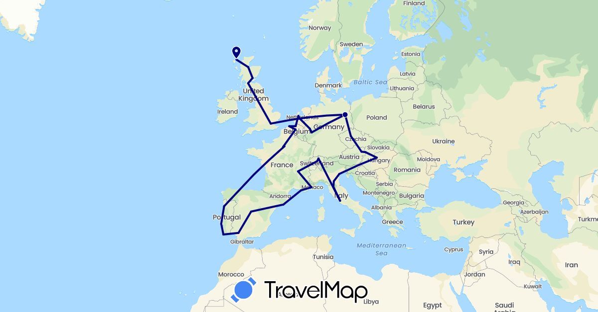 TravelMap itinerary: driving in Austria, Belgium, Switzerland, Czech Republic, Germany, Spain, France, United Kingdom, Hungary, Italy, Netherlands, Portugal, Slovakia (Europe)